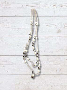 Long Beaded Layered Necklace – Neutral Tones
